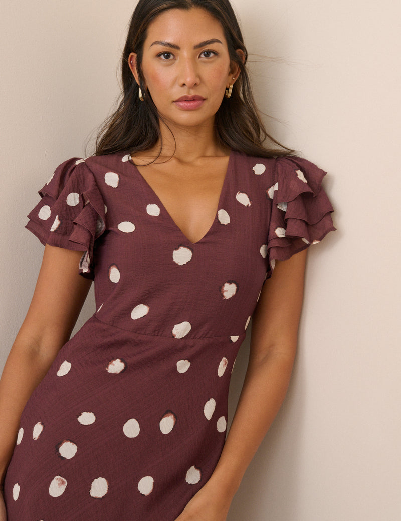 Brown Polka Dot Frill Sleeve Lola Midi Dress