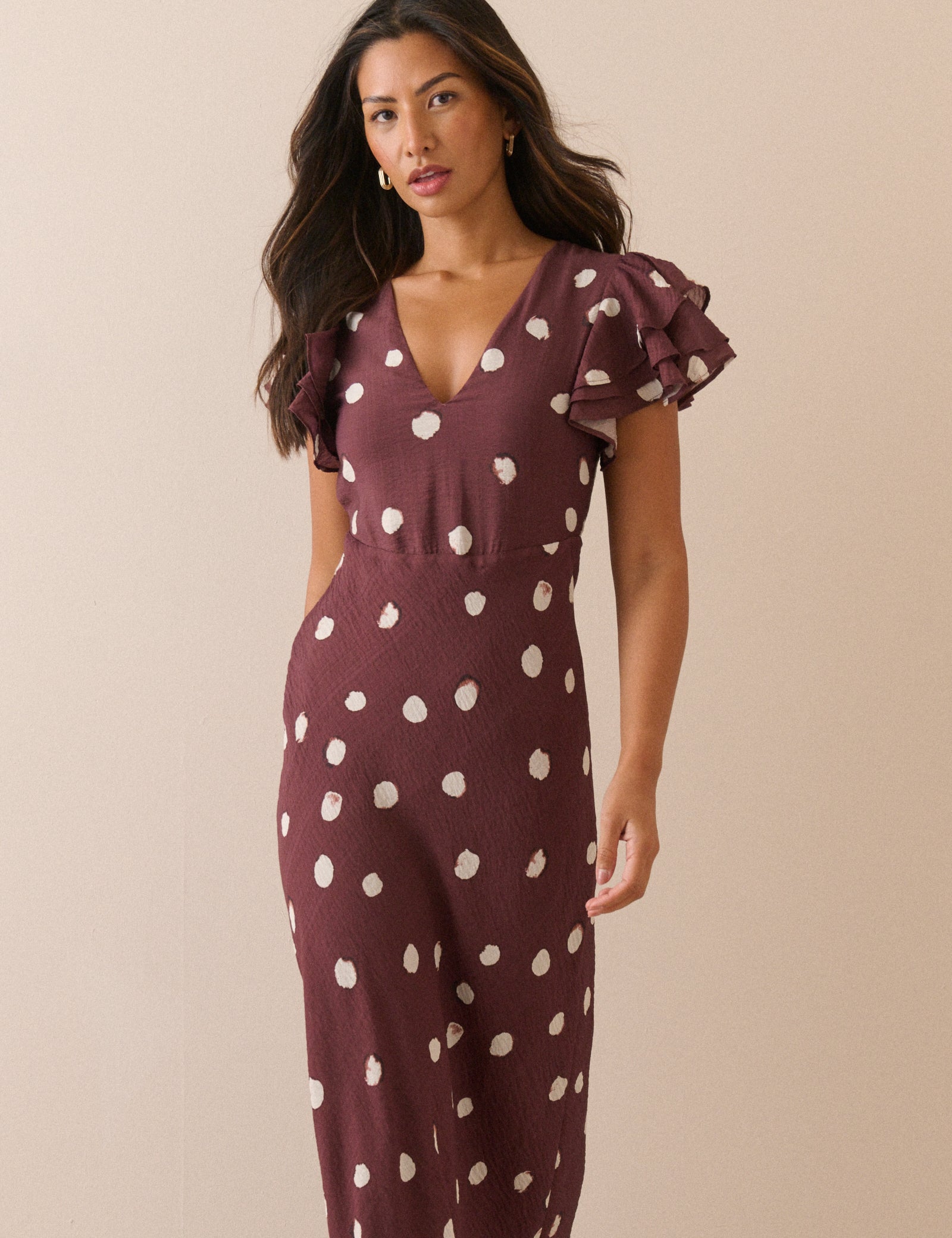 Brown Polka Dot Frill Sleeve Lola Midi Dress