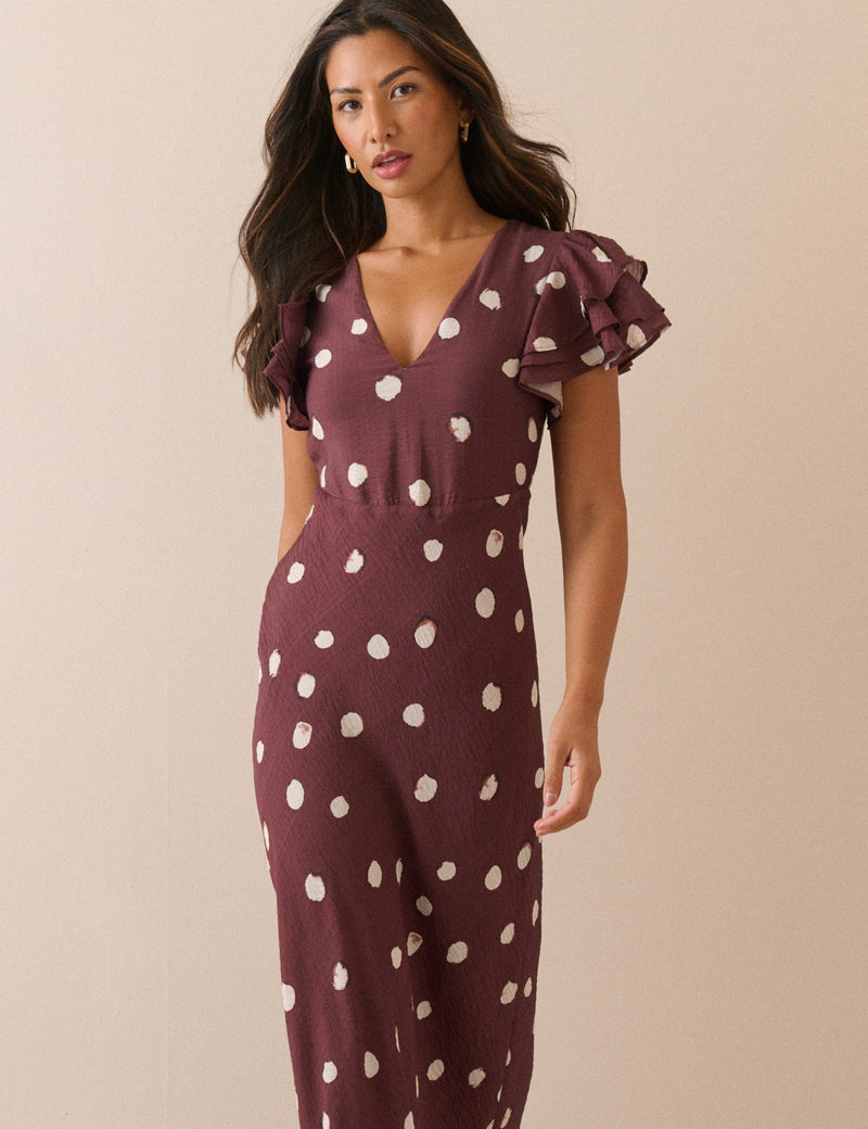 Brown Polka Dot Frill Sleeve Lola Midi Dress