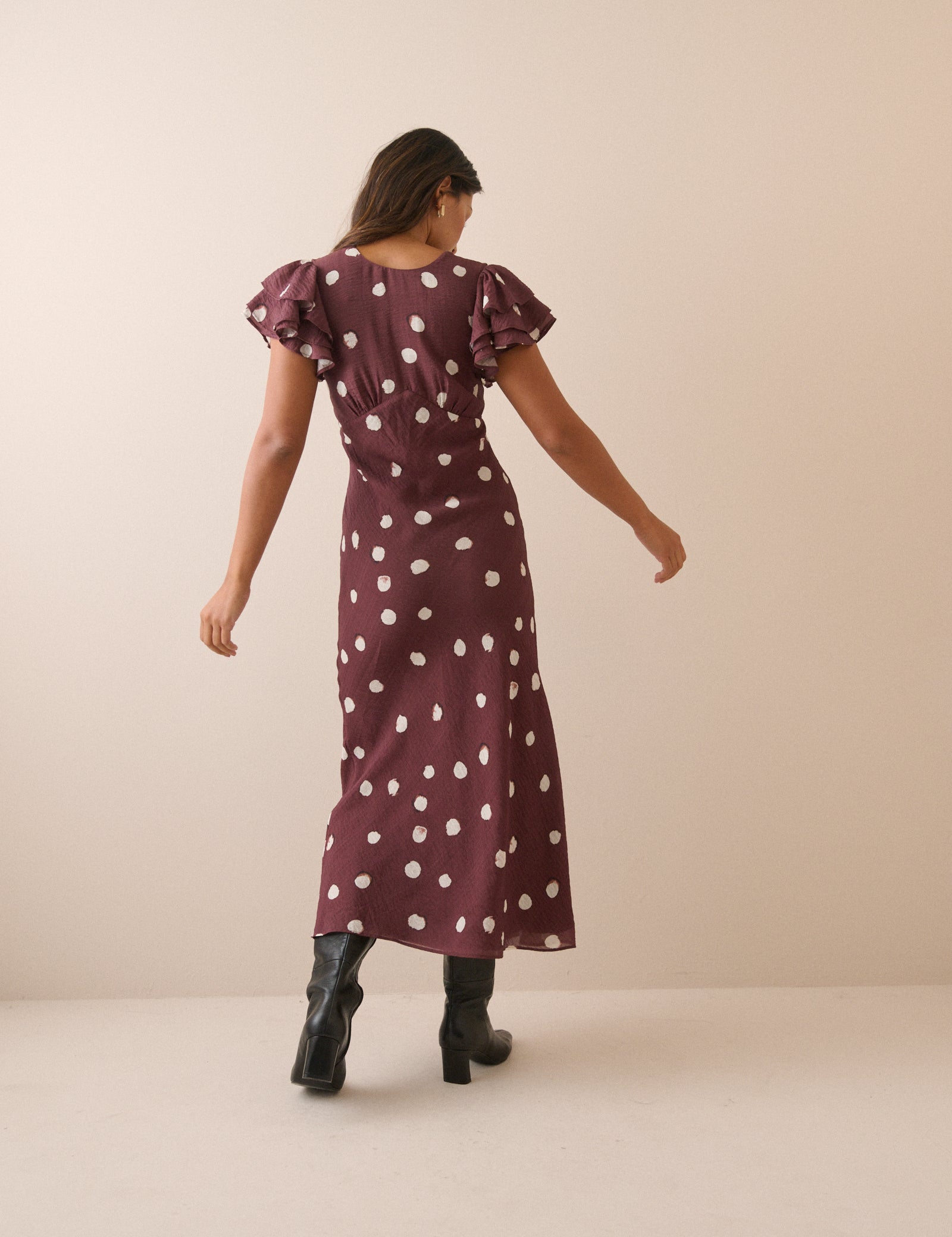 Brown Polka Dot Frill Sleeve Lola Midi Dress