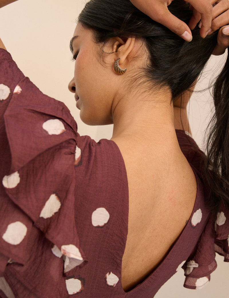 Brown Polka Dot Frill Sleeve Lola Midi Dress