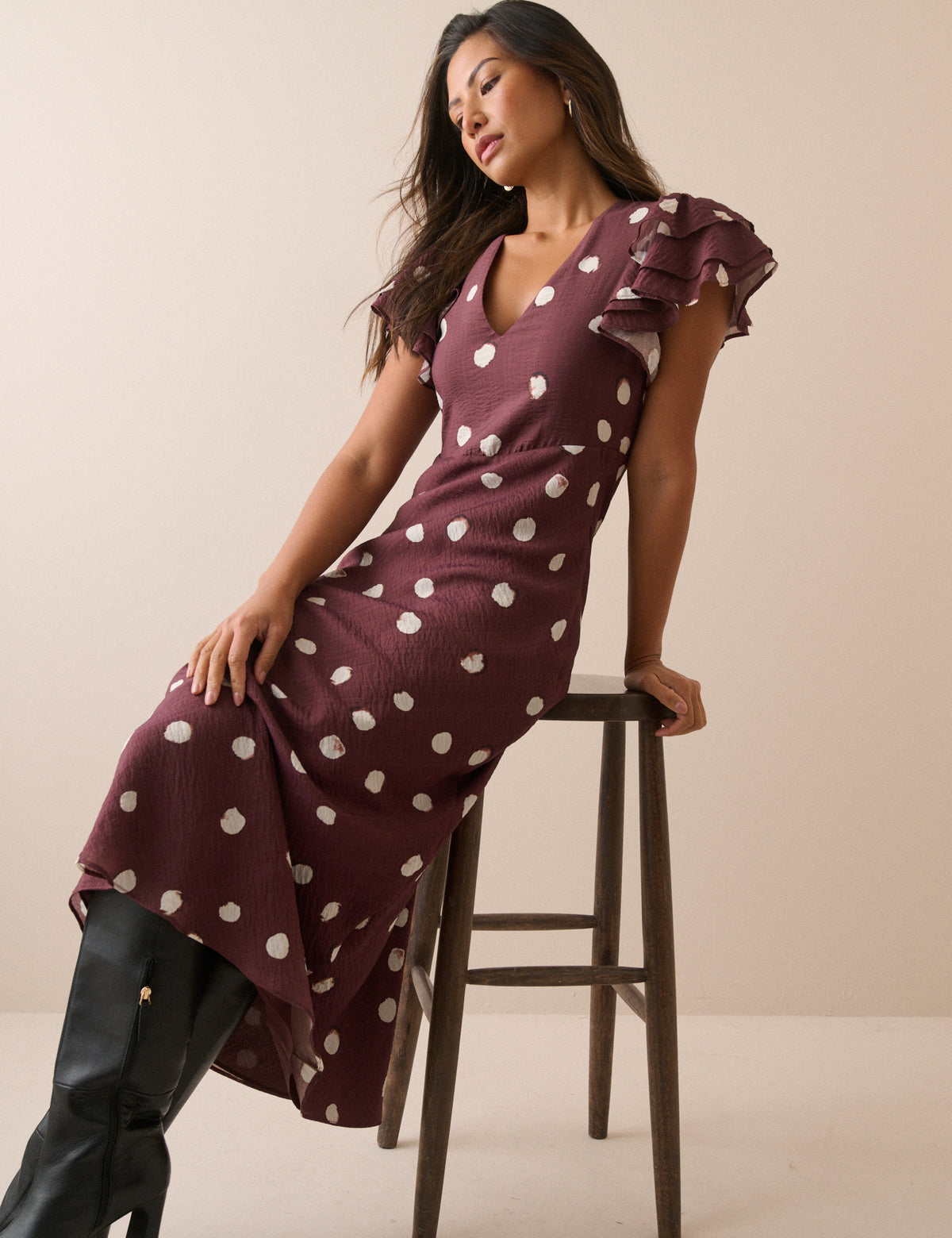 Brown Polka Dot Frill Sleeve Lola Midi Dress