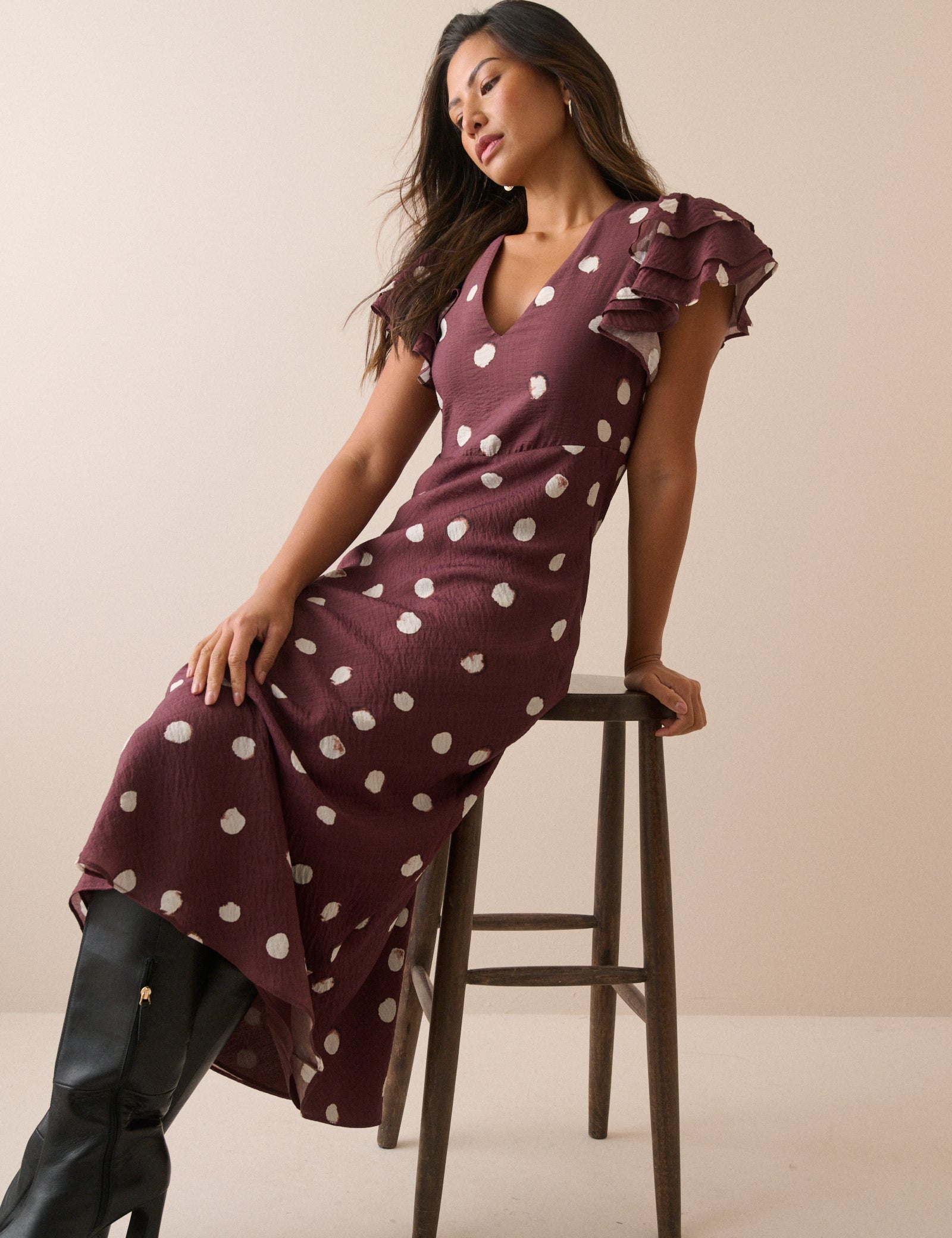Brown Polka Dot Frill Sleeve Lola Midi Dress