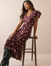 Brown Polka Dot Frill Sleeve Lola Midi Dress