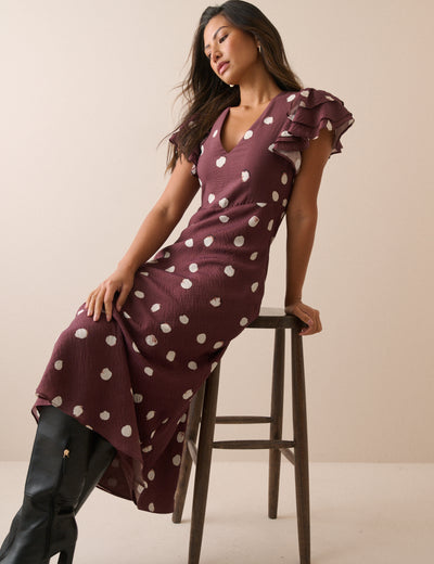 Brown Polka Dot Frill Sleeve Lola Midi Dress