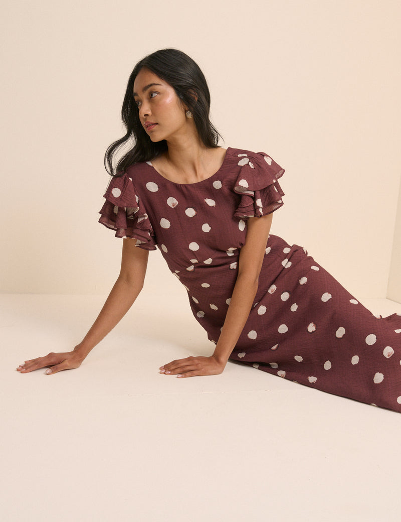 Brown Polka Dot Frill Sleeve Lola Midi Dress