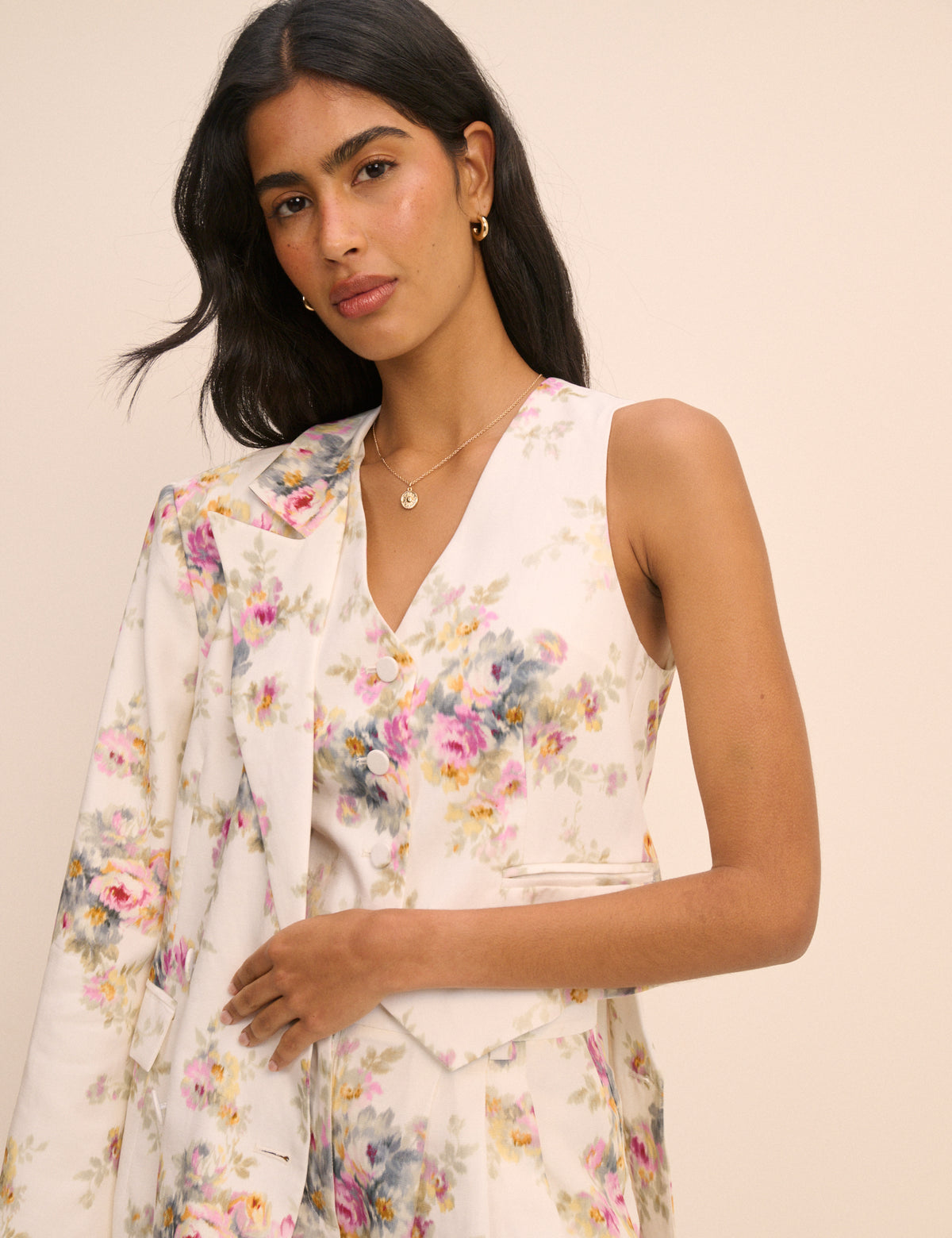 White Floral Linen-Blend Tailored Suki Waistcoat