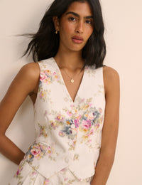 White Floral Linen-Blend Tailored Suki Waistcoat