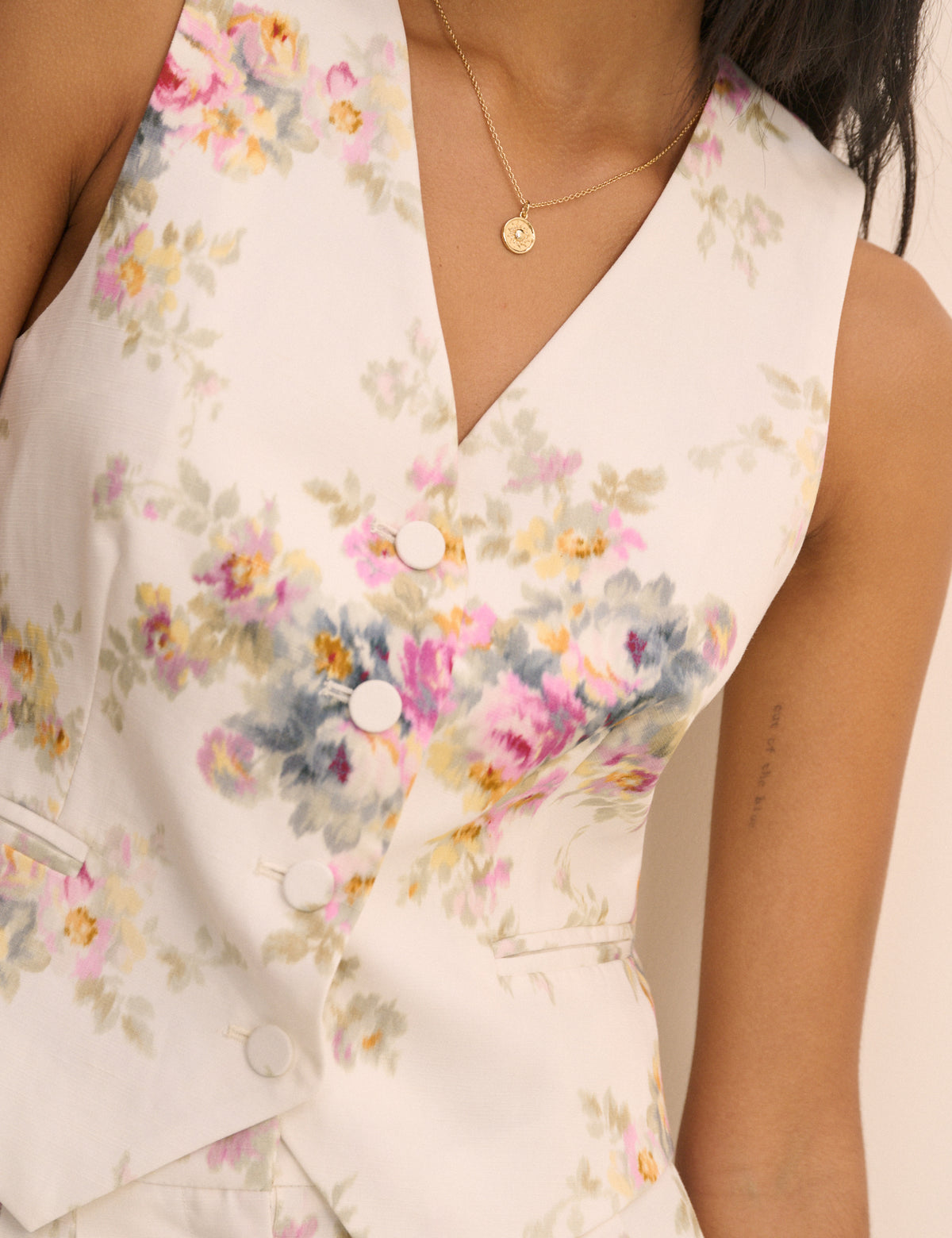 White Floral Linen-Blend Tailored Suki Waistcoat