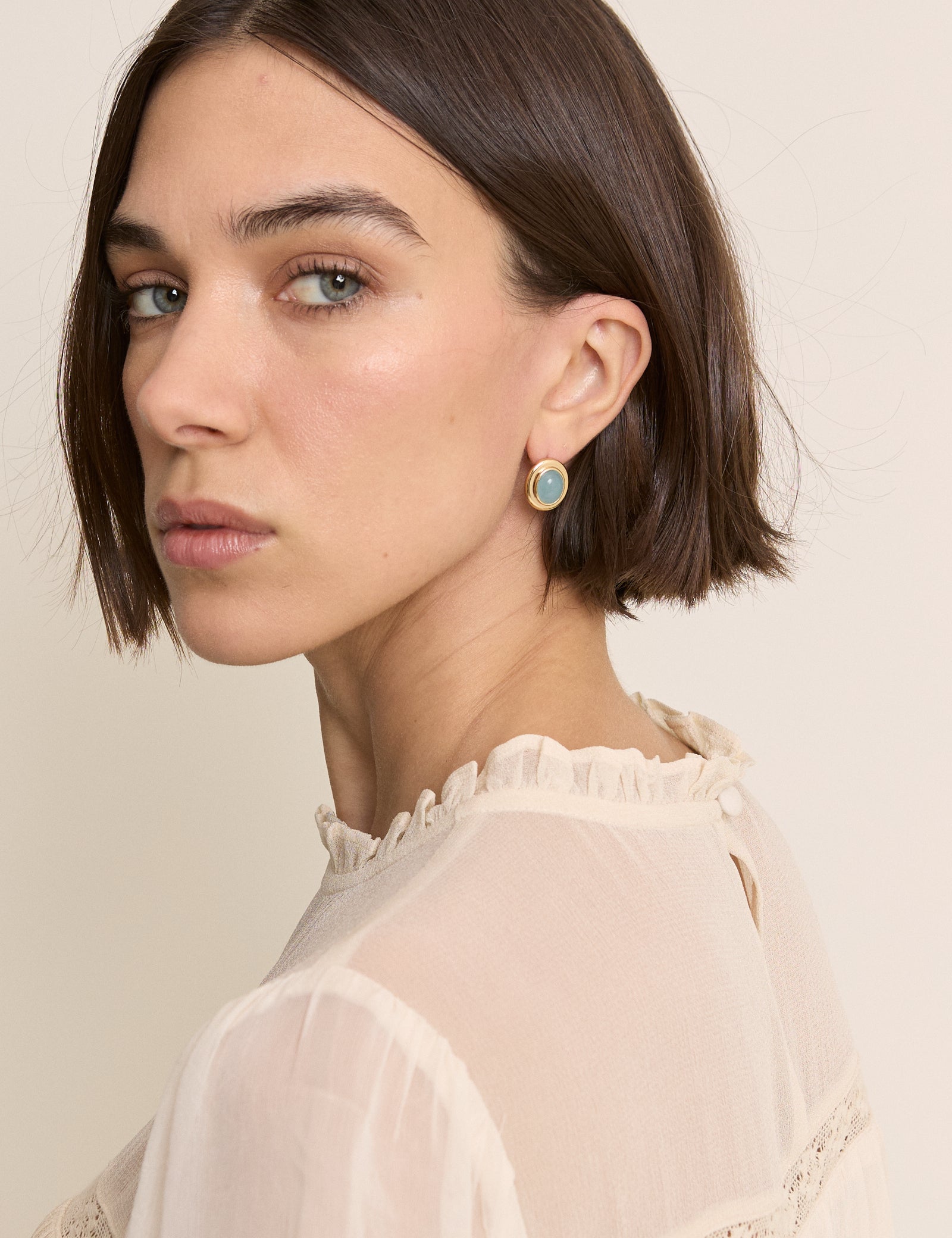 Gold Oval Blue Stone Earrings