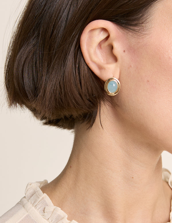 Gold Oval Blue Stone Earrings