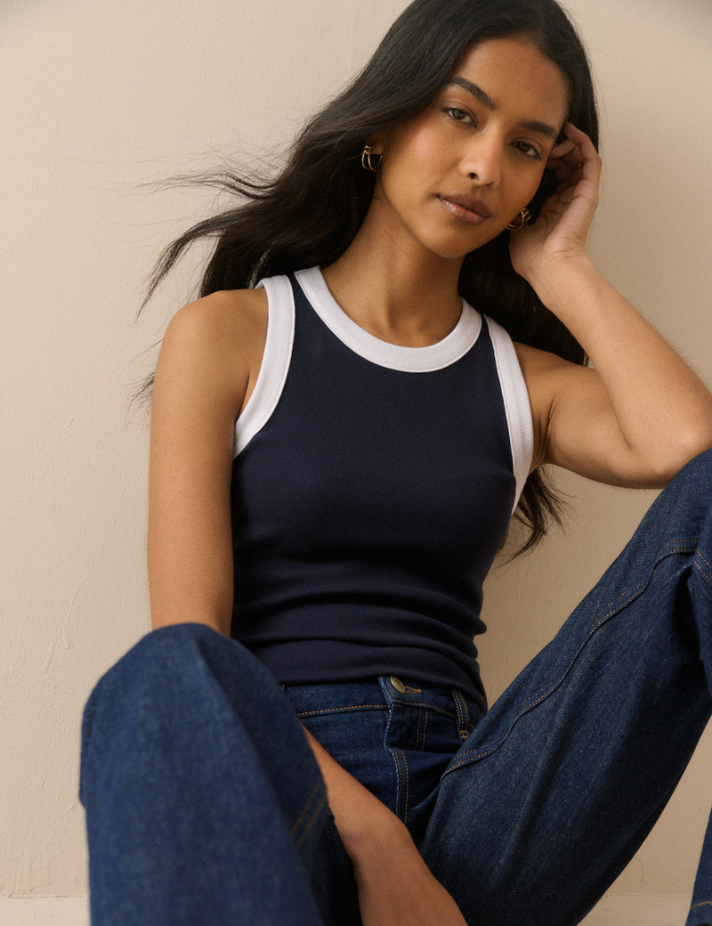Navy Contrast Trim Ribbed Racer Vest