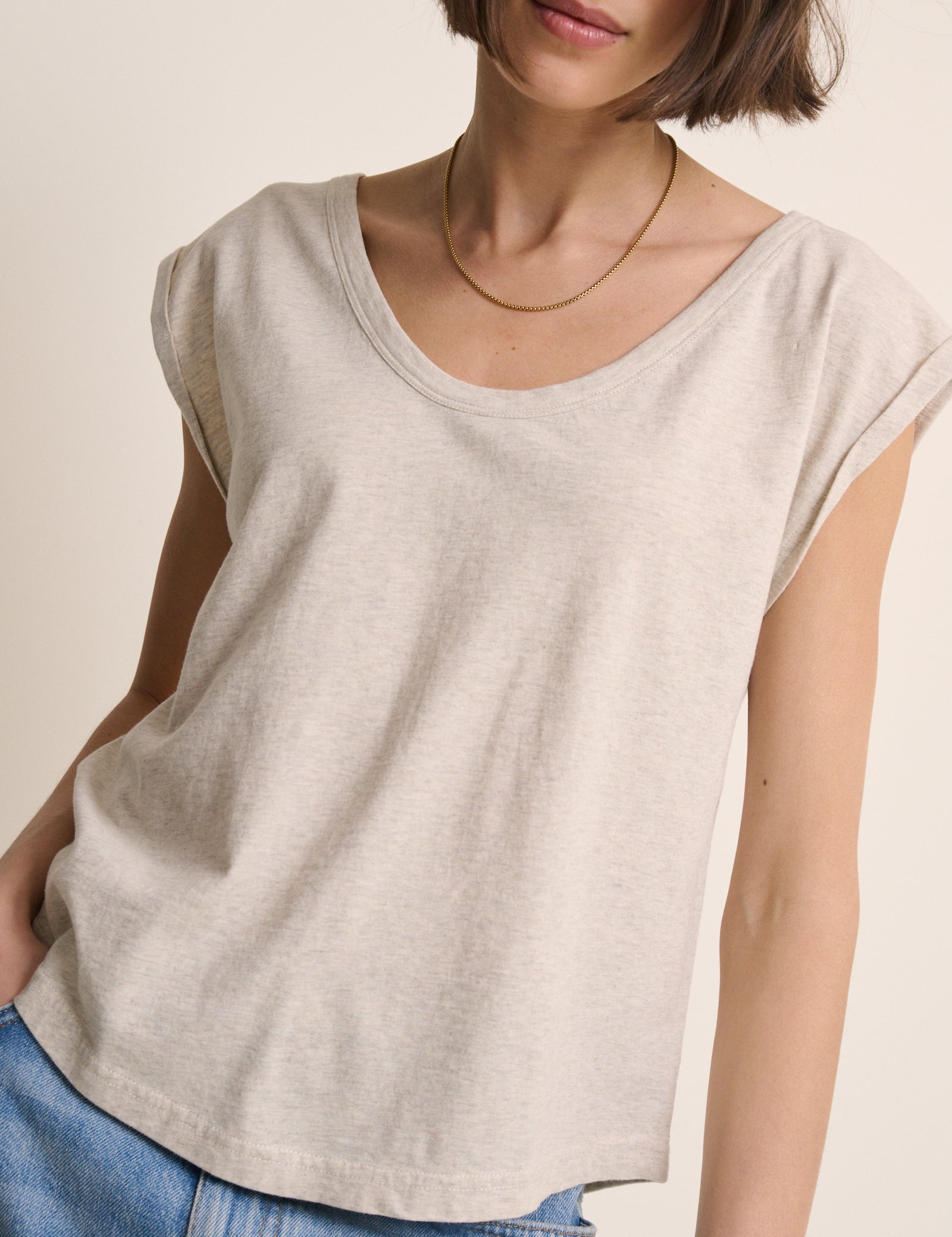 Beige Turn Up Sleeve Jersey Top