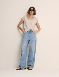 Beige Turn Up Sleeve Jersey Top