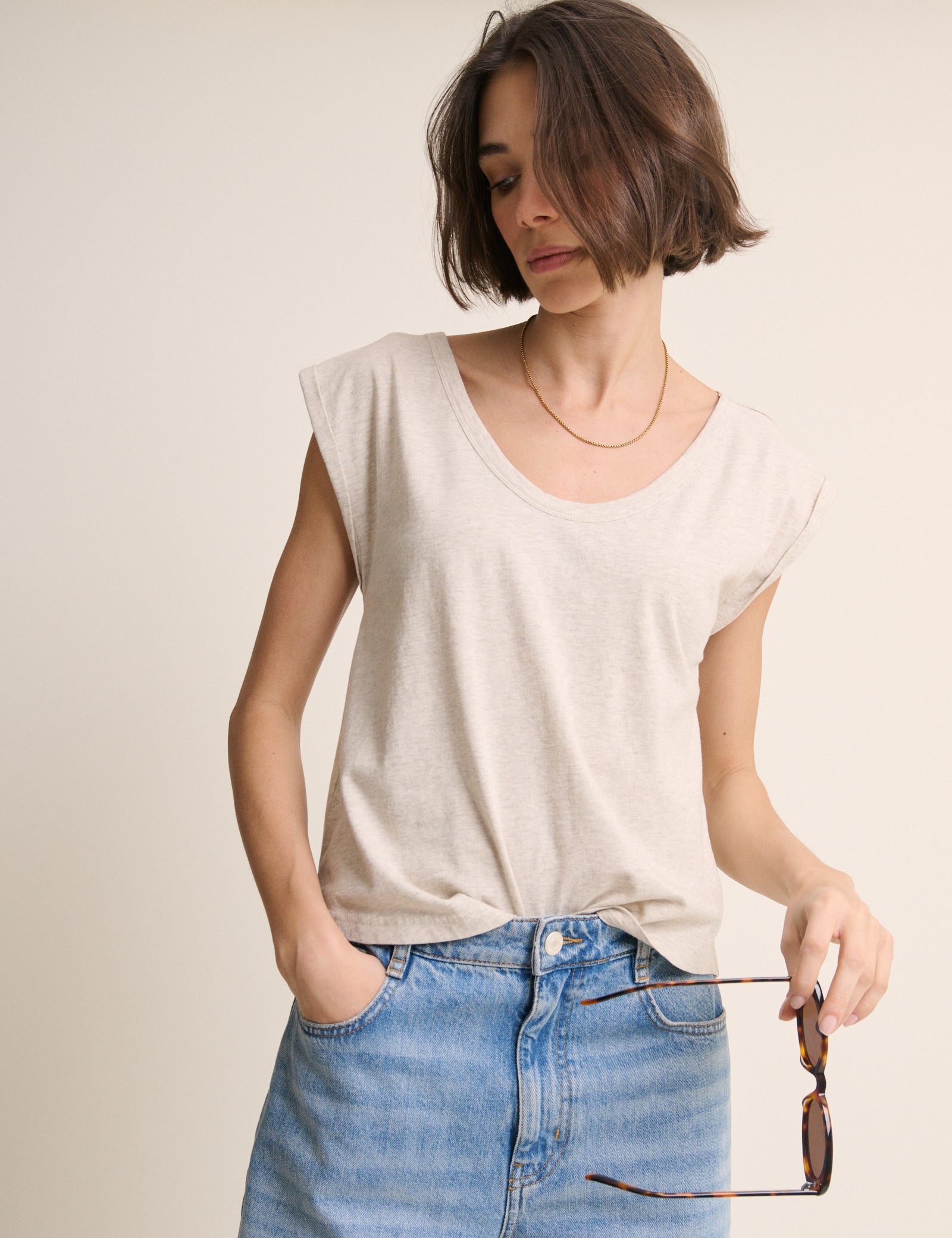 Beige Turn Up Sleeve Jersey Top