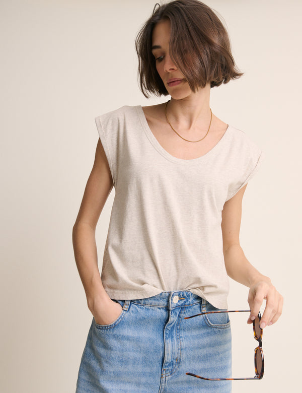 Beige Turn Up Sleeve Jersey Top