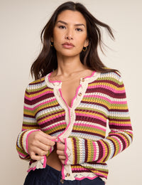 Multi-Coloured Striped Scallop Crochet Cardigan