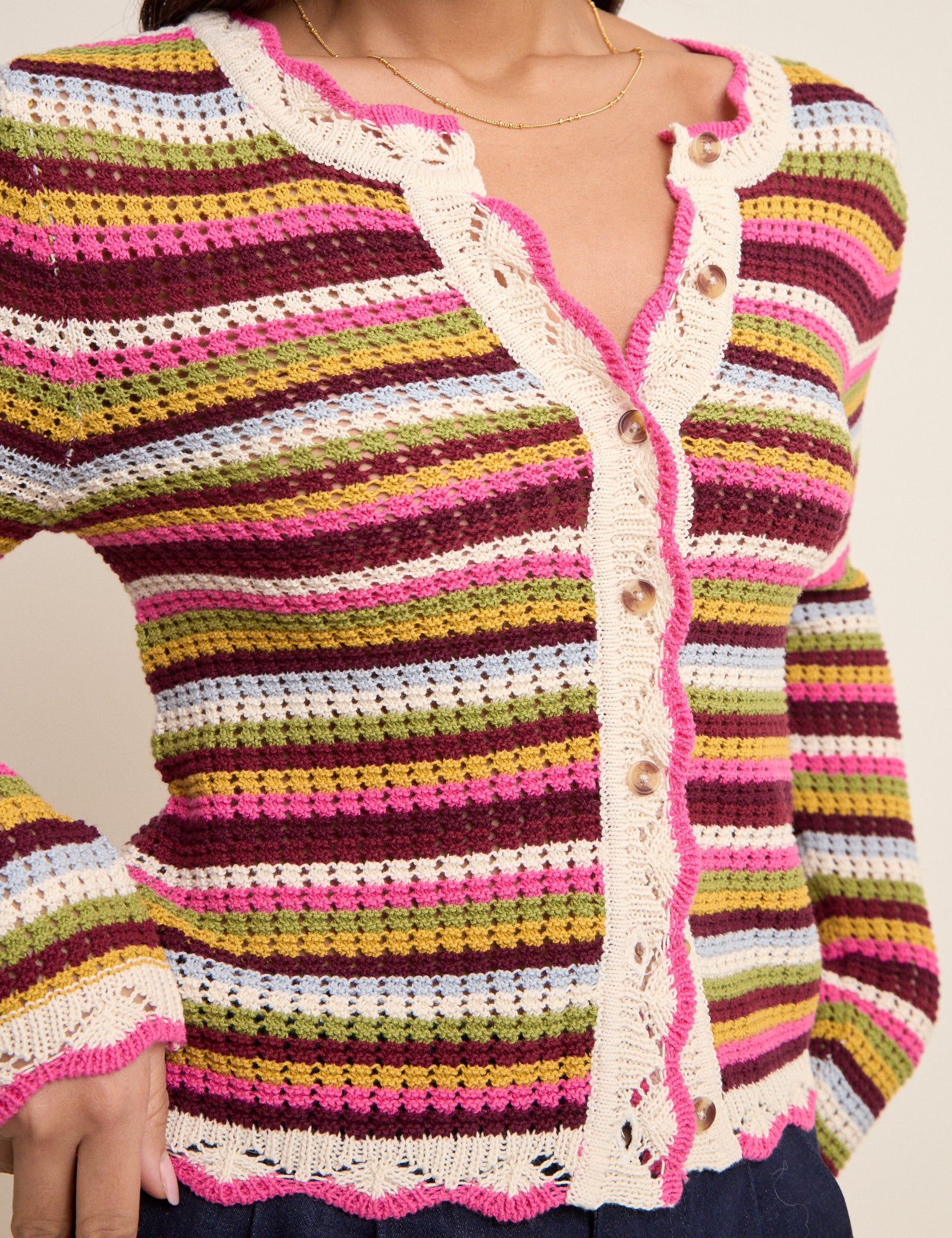 Multi-Coloured Striped Scallop Crochet Cardigan