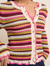 Multi-Coloured Striped Scallop Crochet Cardigan