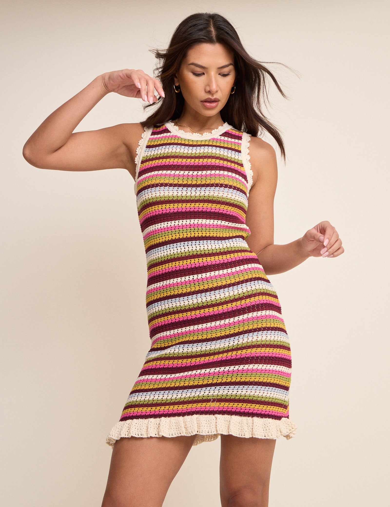 Multi-Coloured Striped Crochet Mini Dress