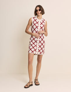 Red and White Crochet Button Through Mini Dress