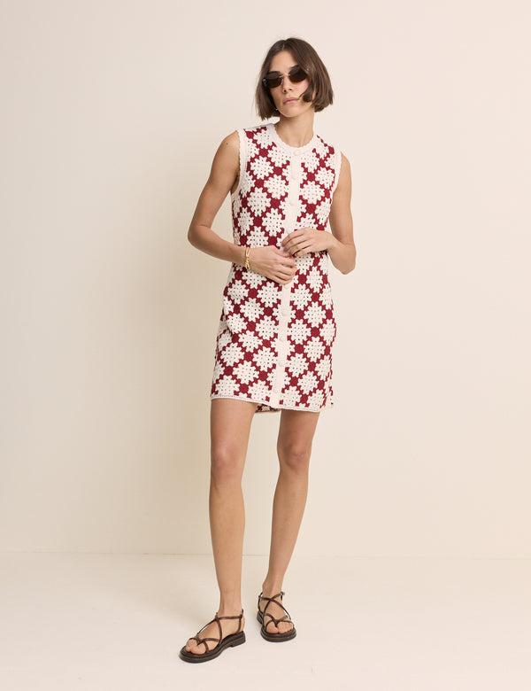 Red and White Crochet Button Through Mini Dress