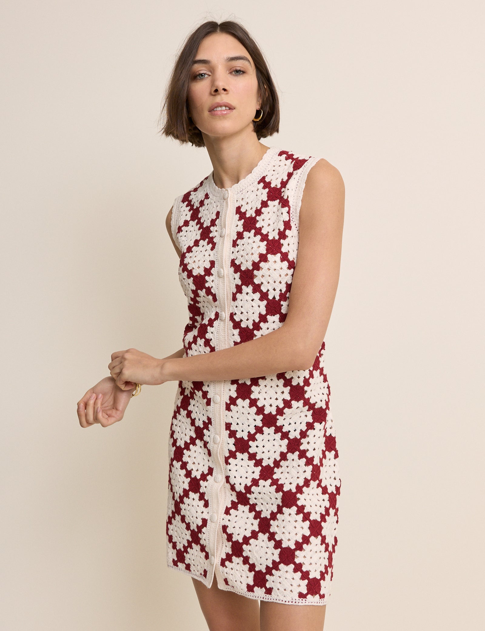 red and white crochet dress Red and White Crochet Sleeveless Mini Dress