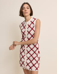 Red and White Crochet Button Through Mini Dress