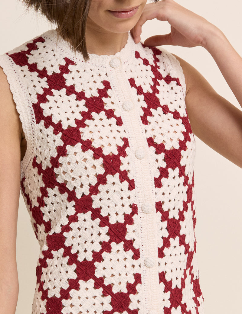 Red and White Crochet Sleeveless Mini Dress