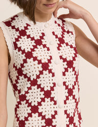 Red and White Crochet Button Through Mini Dress