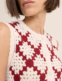 Red and White Crochet Button Through Mini Dress