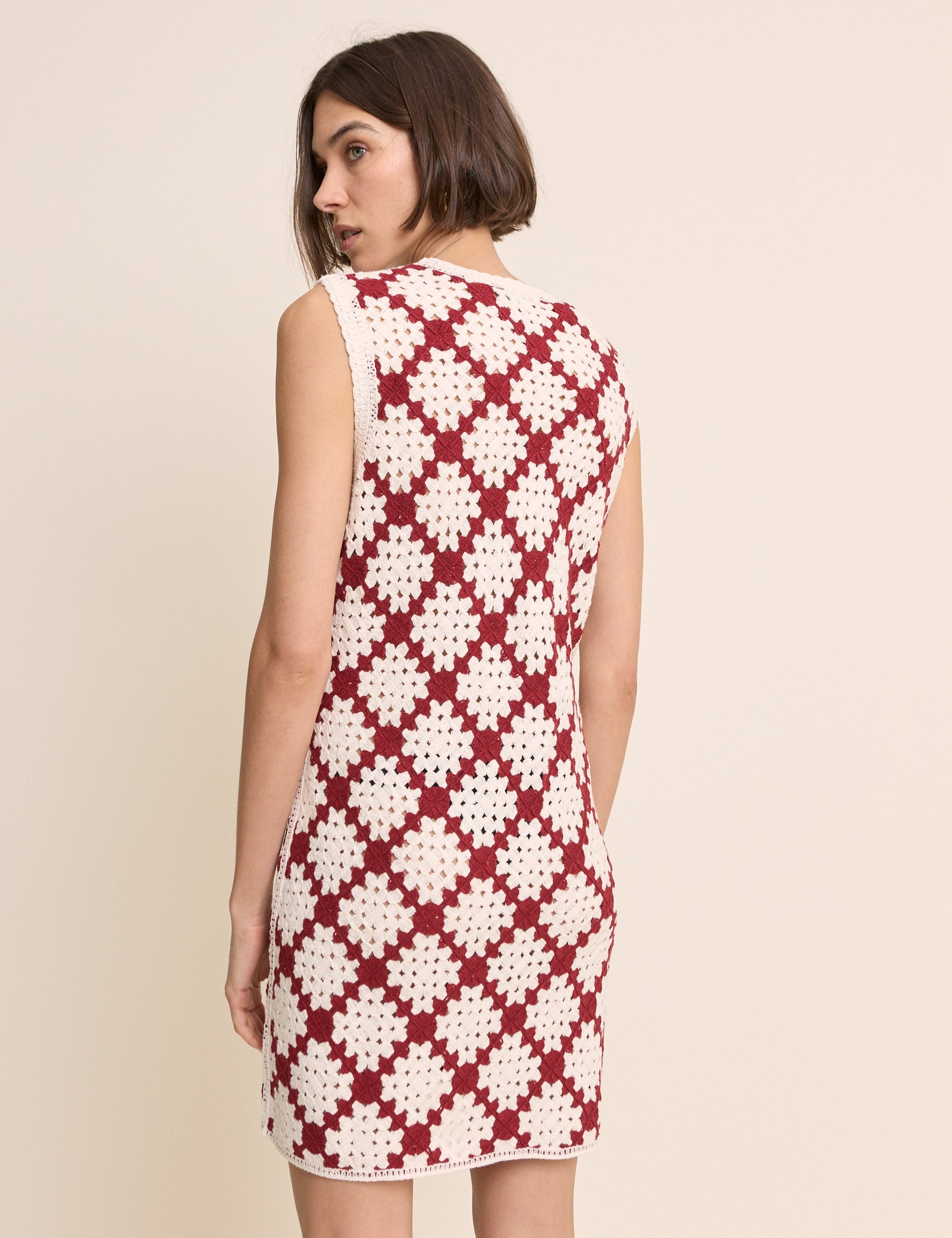 Red and White Crochet Button Through Mini Dress