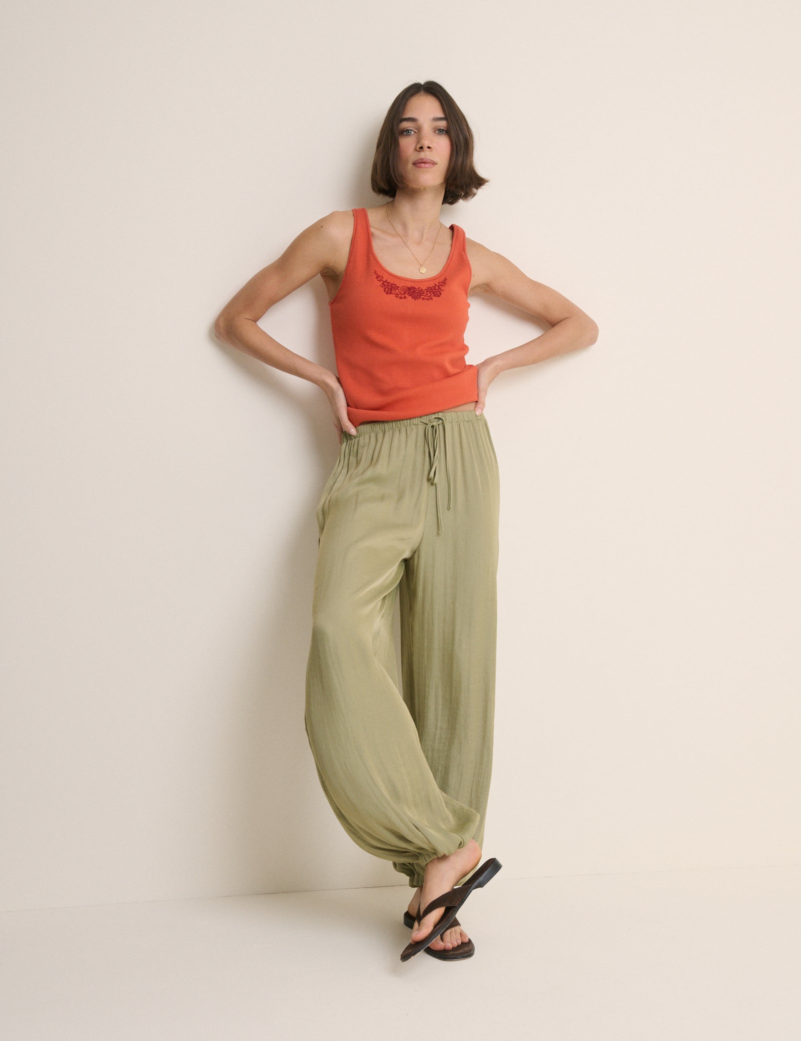 Orange Embroidered Ribbed Vest Top