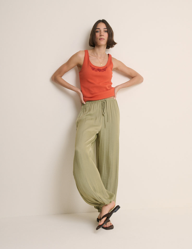 Orange Embroidered Ribbed Vest Top
