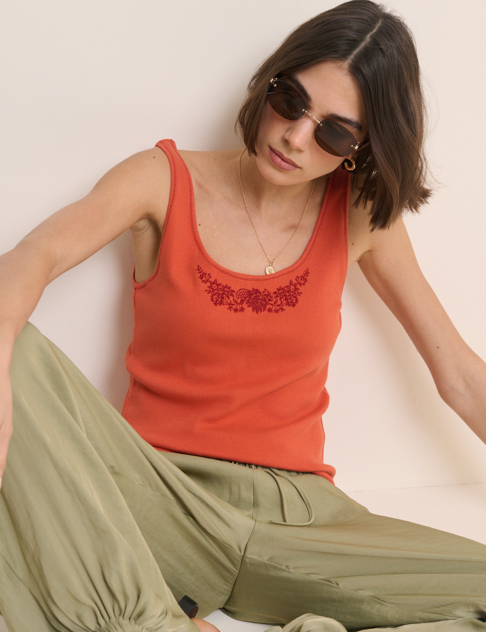 Orange Embroidered Ribbed Vest Top