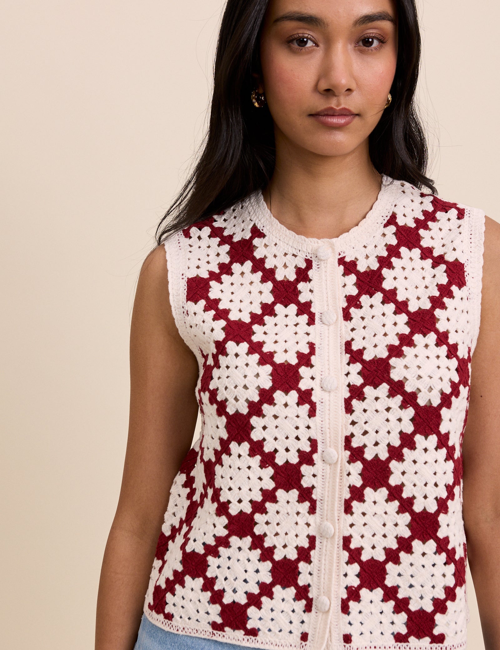 Red and White Crochet Button Through Top
