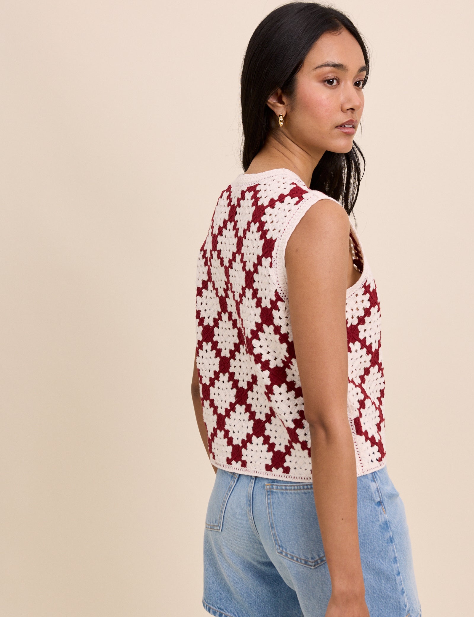 Red and White Crochet Button Through Top