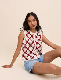 Red and White Crochet Button Through Top