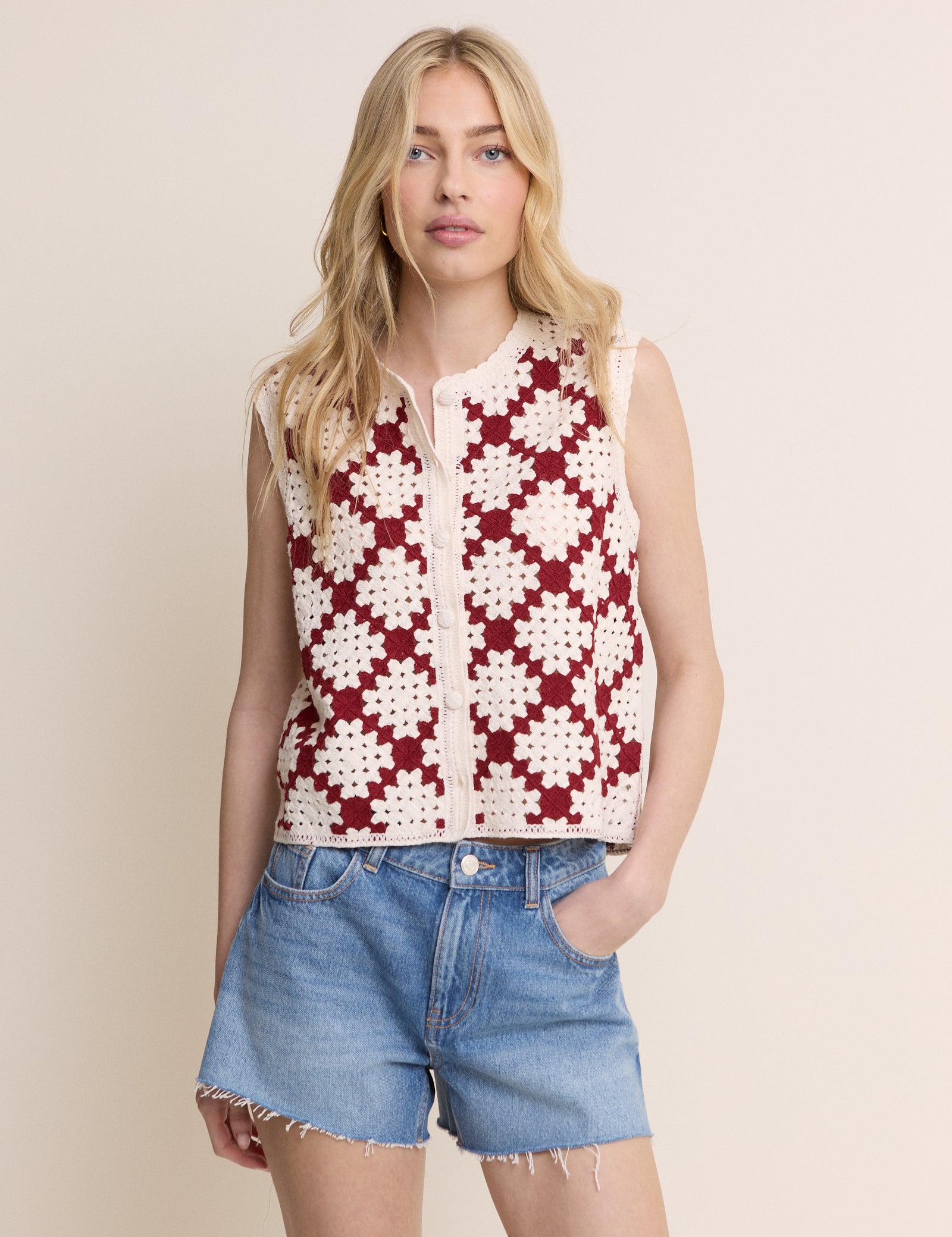 Red and White Crochet Button Through Waistcoat