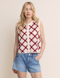 Red and White Crochet Button Through Waistcoat