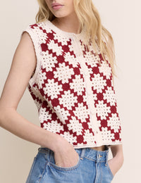 Red and White Crochet Button Through Waistcoat