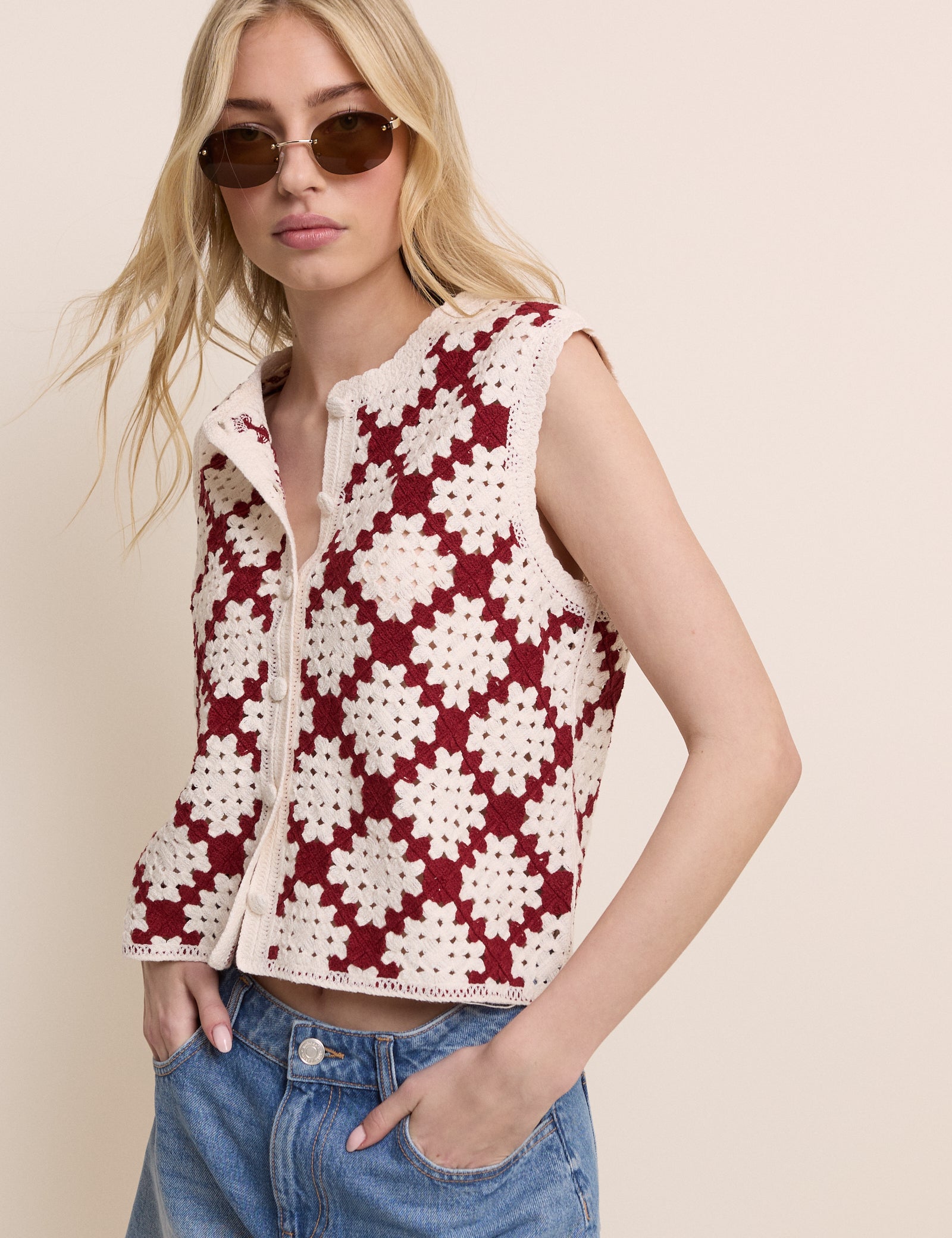 Red and White Crochet Button Through Waistcoat