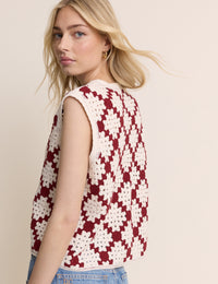 Red and White Crochet Button Through Waistcoat