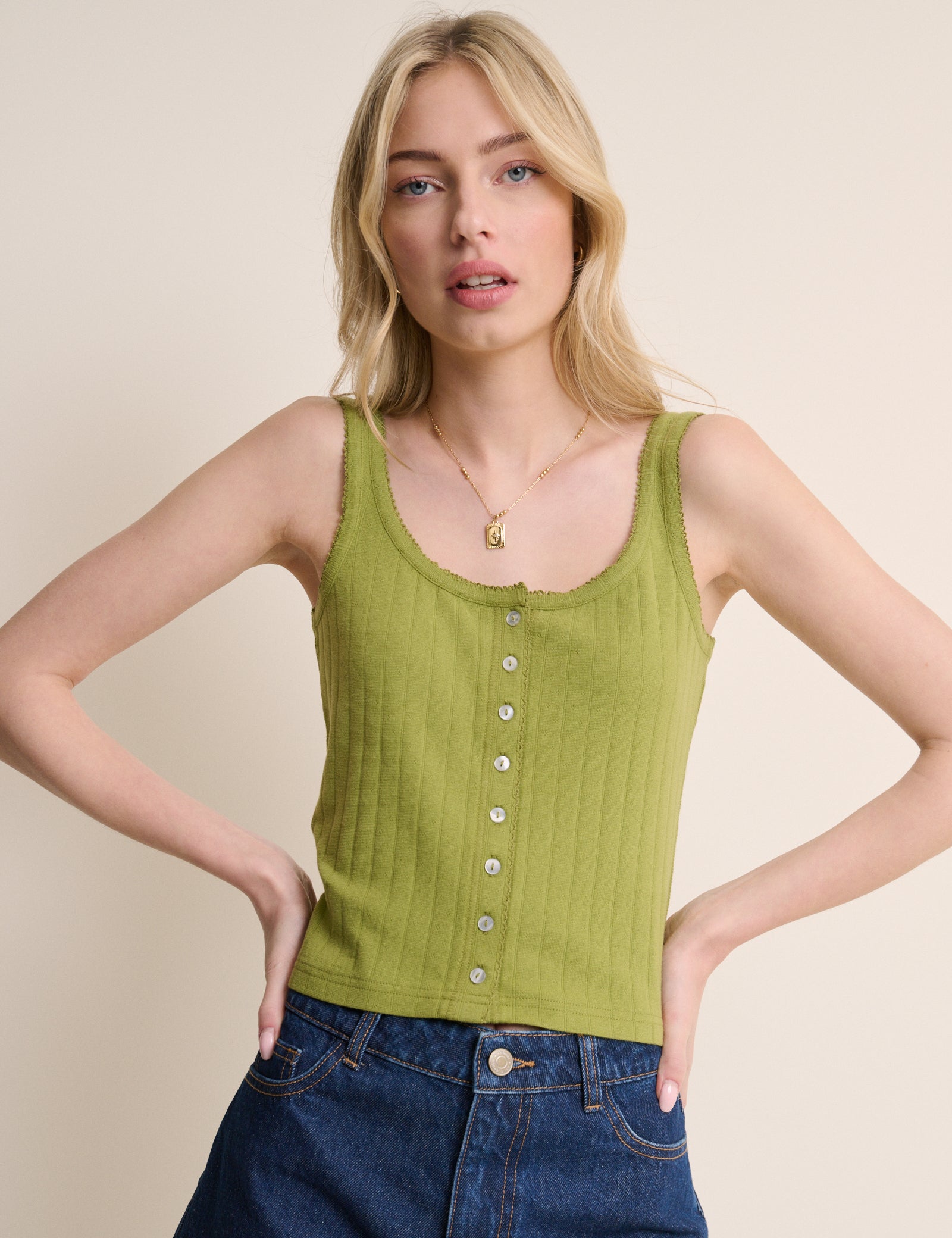 Green Pointelle Button Through Vest