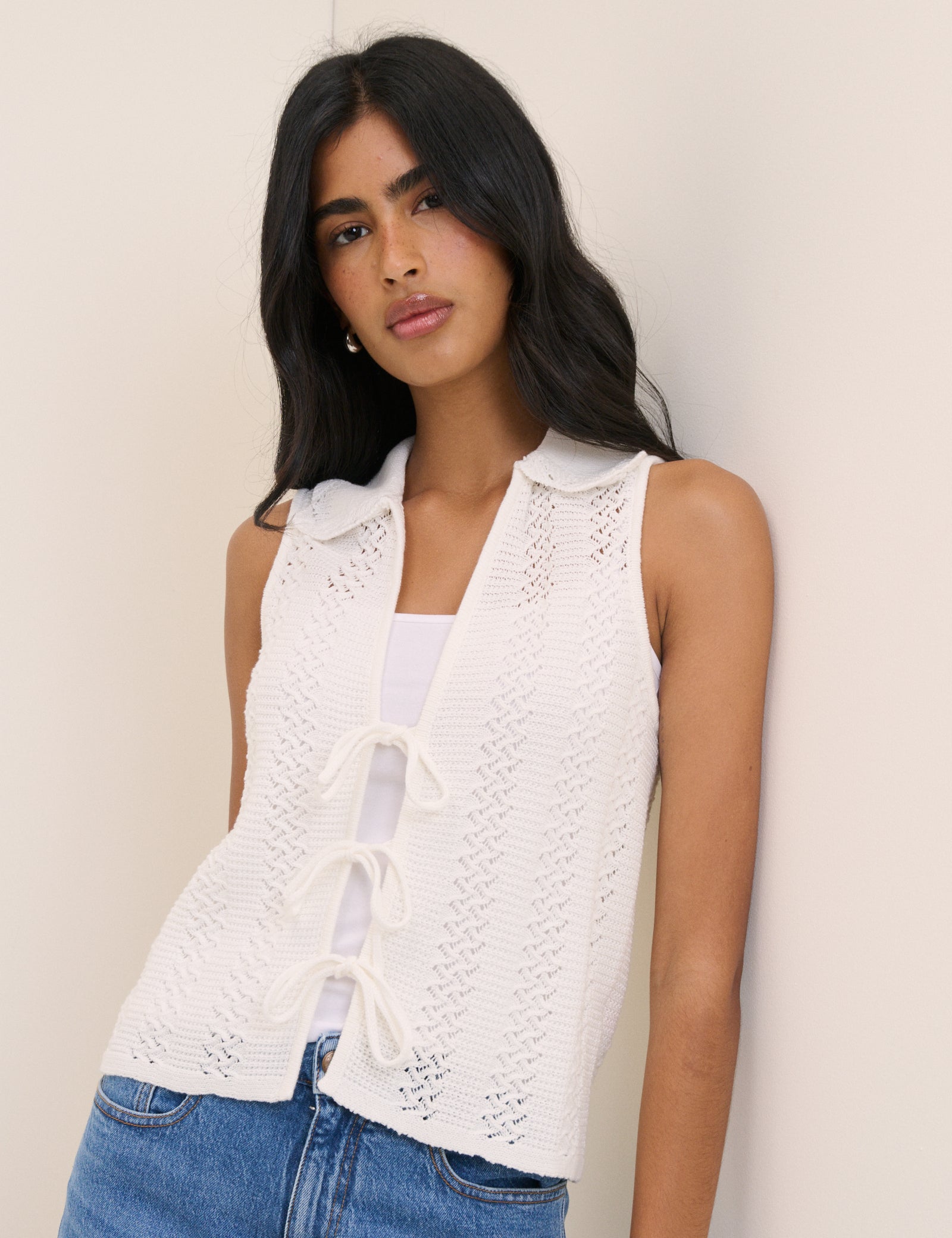 White Crochet Tie Front Top