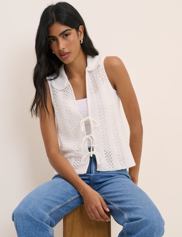 White Crochet Tie Front Top