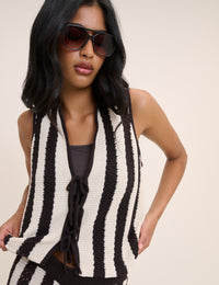 Brown and White Striped Crochet Tie Front Top