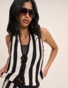 Brown and White Striped Crochet Tie Front Top