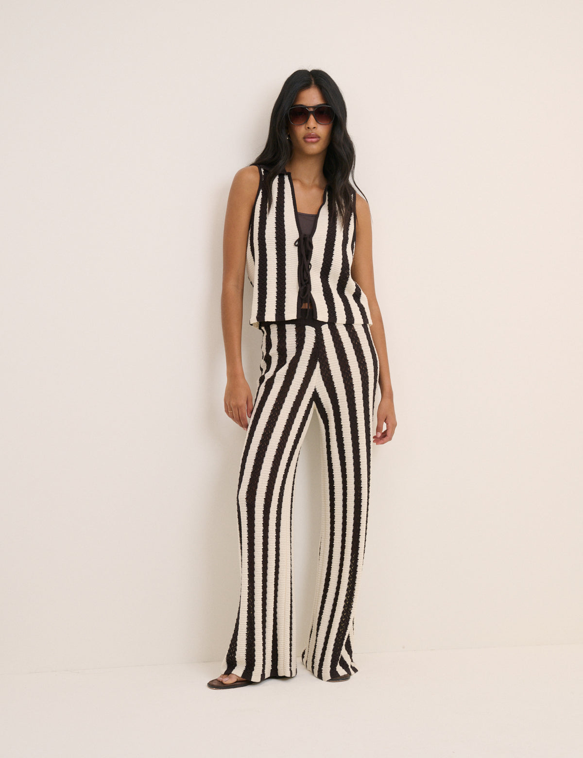 Brown and White Striped Crochet Tie Front Top