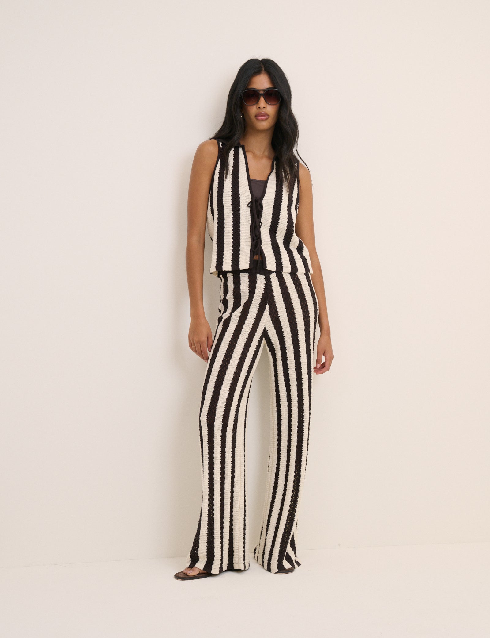 Brown and White Striped Crochet Tie Front Top